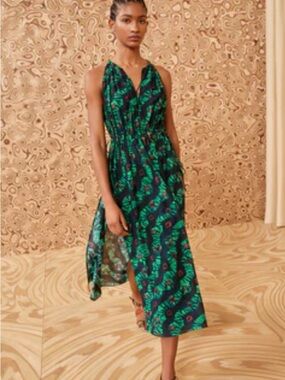 Ulla Johnson Navy and Green Floral Halter Midi Dress